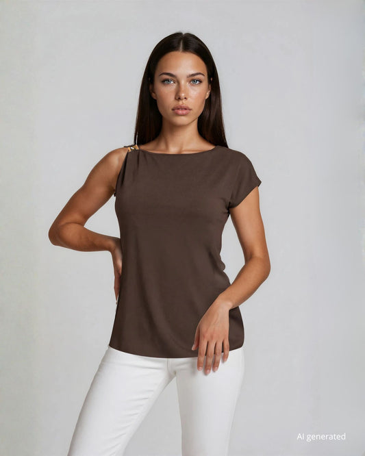 T-shirt asimmetrica in cotone con dettaglio nodo sulla spalla cioccolato