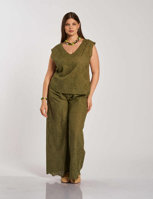 Pantalone palazzo in pizzo sangallo militare con elastico in vita