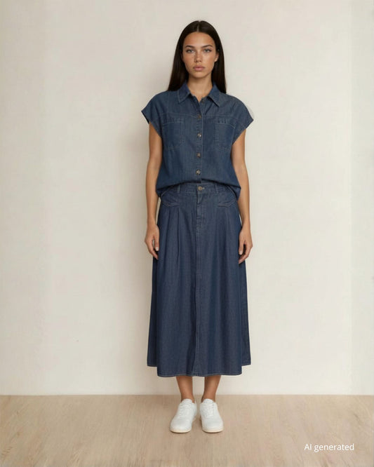 Gonna lunga in chambray con zip e passanti