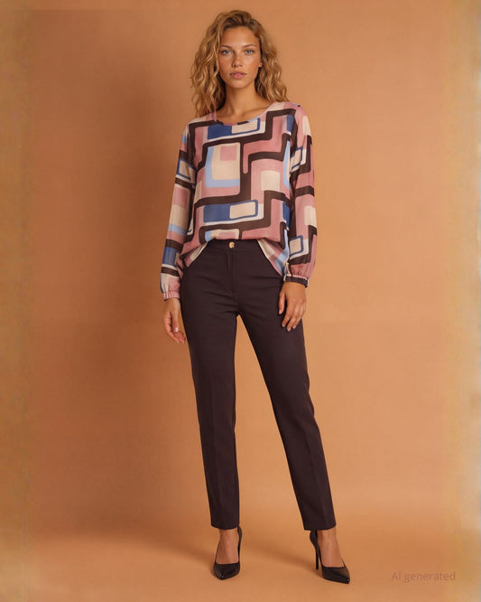 Camicia lunga in georgette fantasia con elastico ai polsini e cinturina in scuba suede