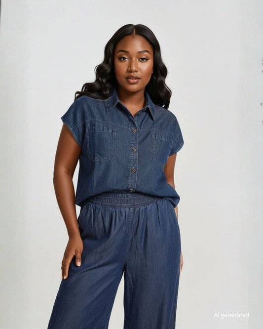 Casacca a kimono in chambray con tasche e colletto curvy