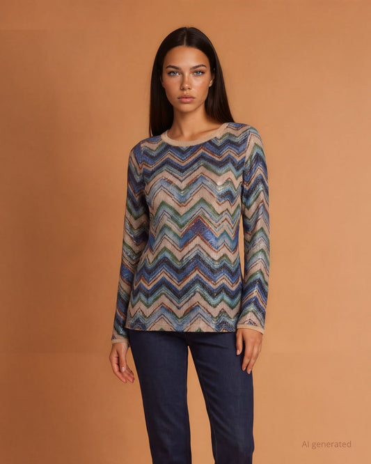 Maglia fantasia in tessuto lurex laminato stampato con bordi in unito