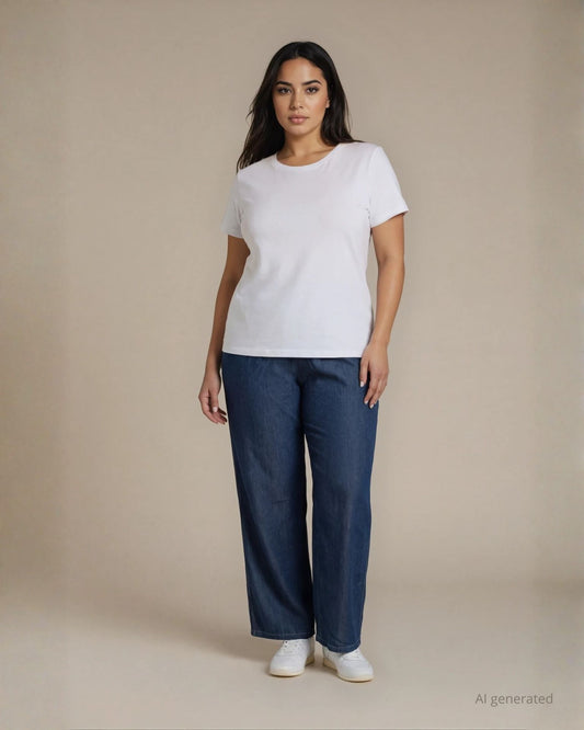 Pantalone dritto in chambray con elastico curvy