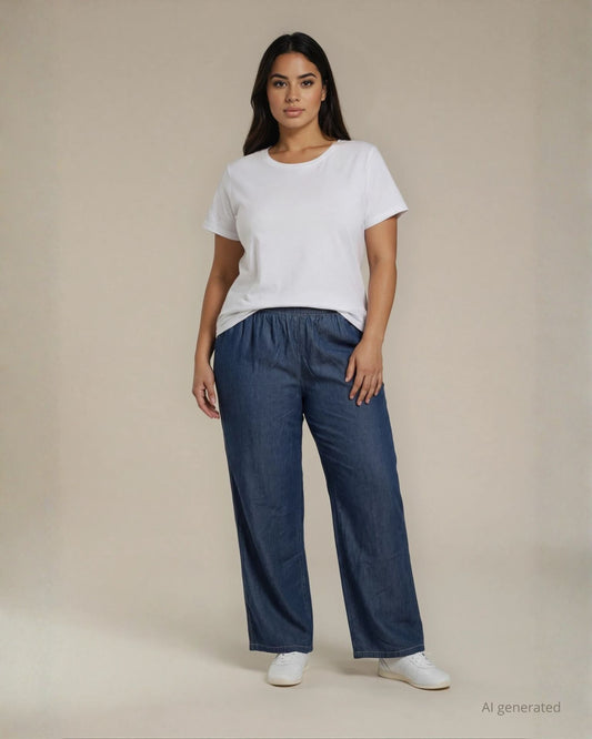 Pantalone dritto in chambray con elastico curvy