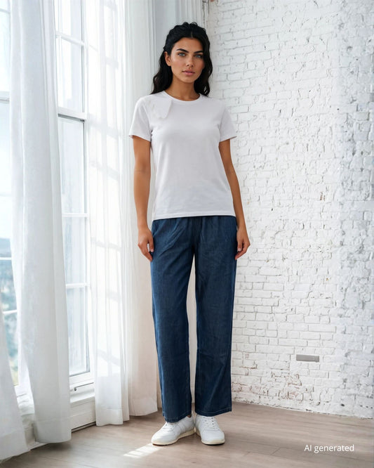 Pantalone dritto in chambray con elastico