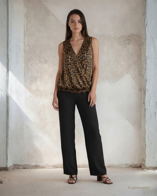 Pantalone palazzo in viscosa bollito con tasche ed elastico posteriore nero