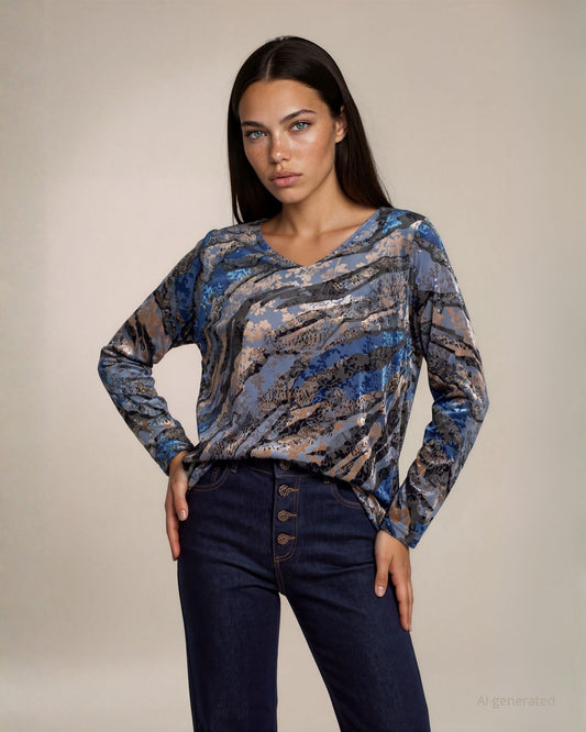 Maglia fantasia in ciniglia devorata blue e nera con punta asimmetrica