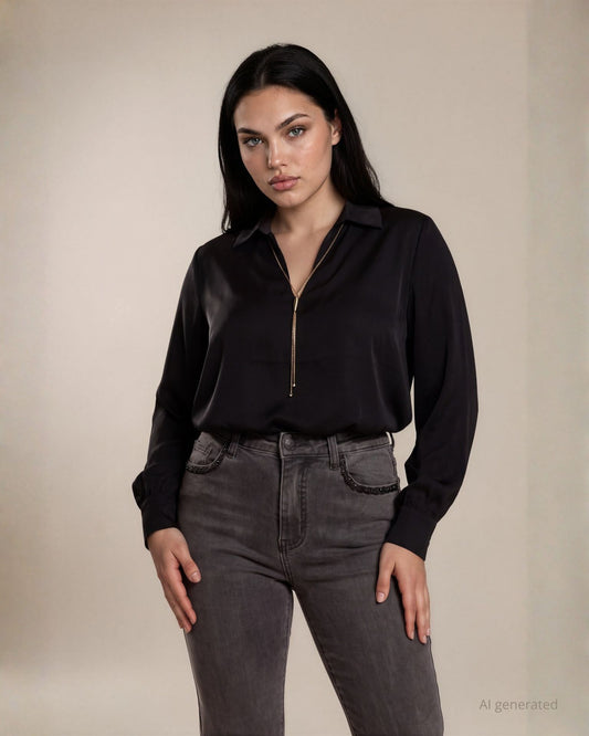 Casacca in tessuto fluido con colletto e collana inclusa curvy nero