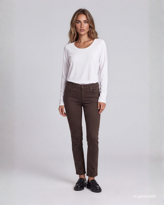 Pantalone cinque tasche in cotone con tagli posteriori caffè
