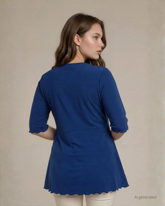 Caban blu lungo in jersey con maniche tre quarti curvy