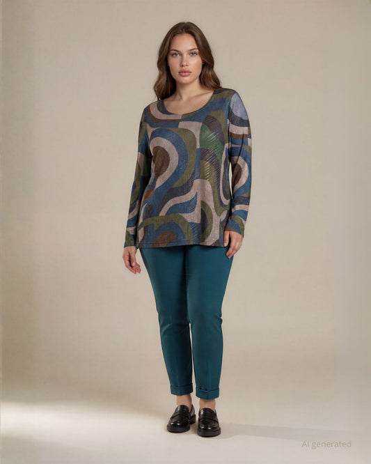 Maglia fantasia in tessuto lurex laminato con scollo rotondo curvy