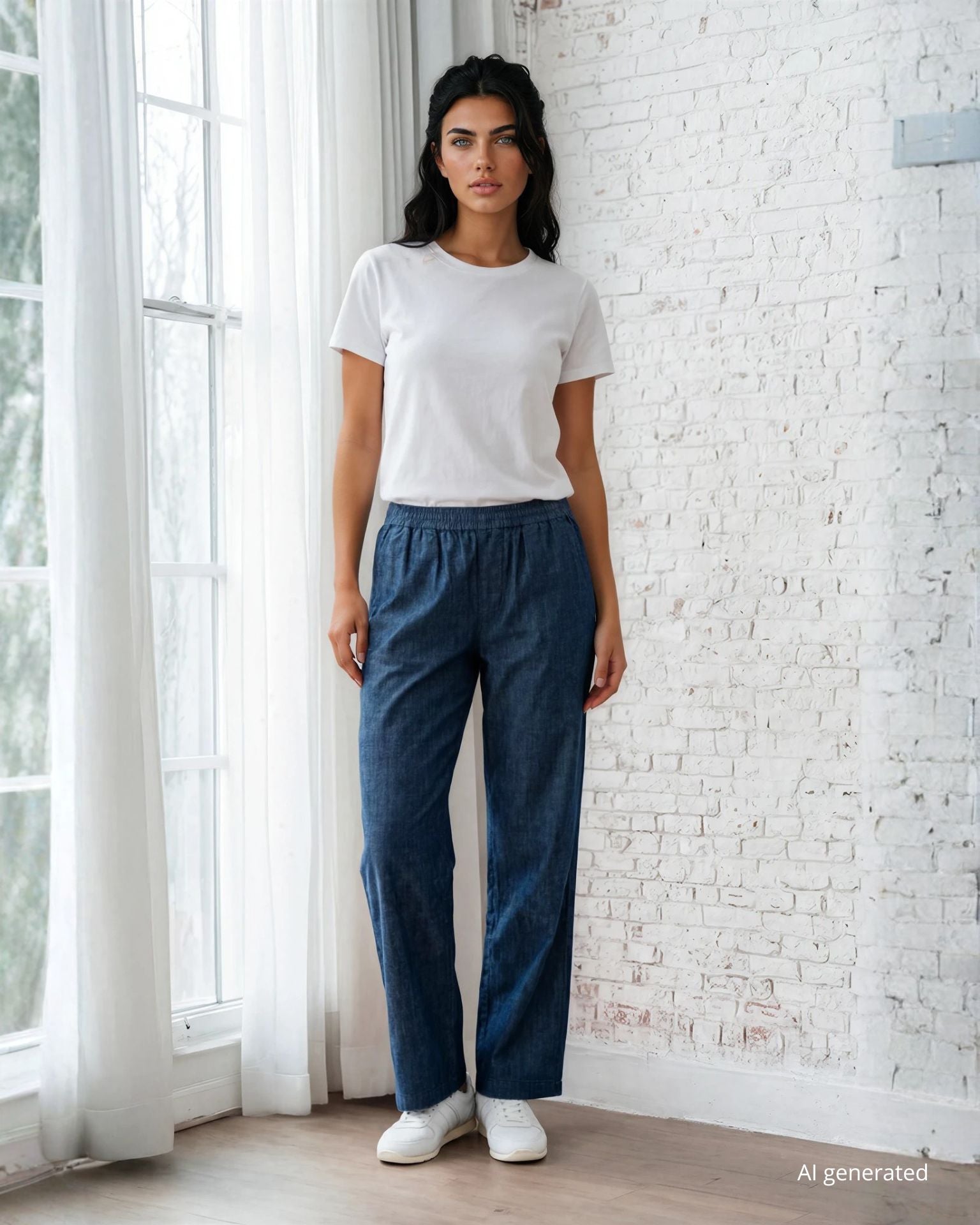 Pantalone dritto in chambray con elastico