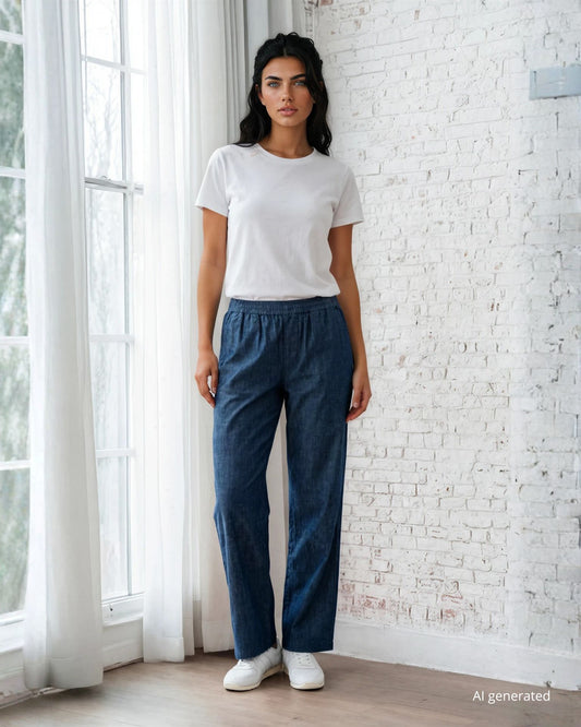 Pantalone dritto in chambray con elastico