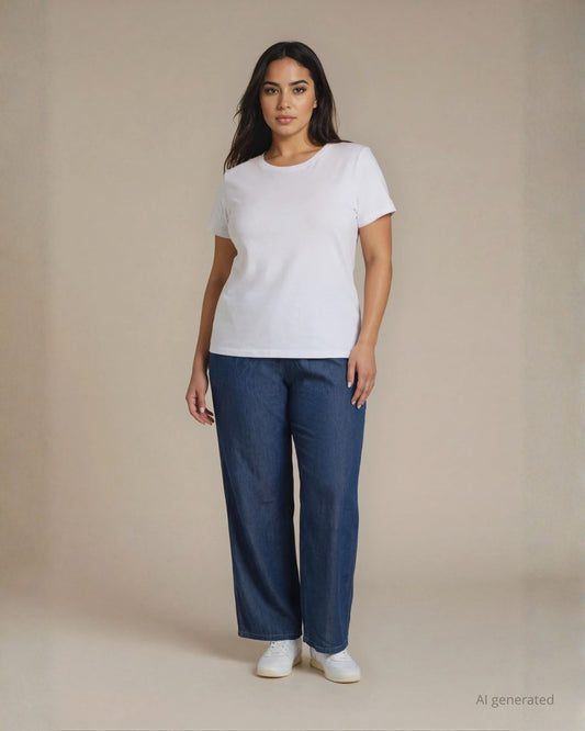 Pantalone dritto in chambray con elastico curvy