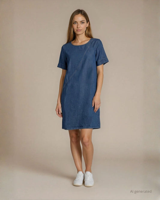 Vestito in chambray con tasche e risvolti