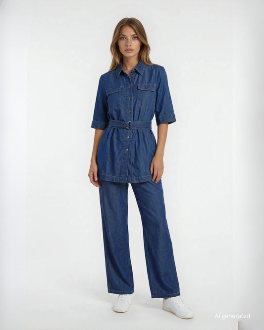 Camicia lunga in chambray con tasche e cintura