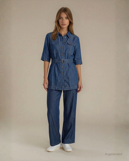 Camicia lunga in chambray con tasche e cintura