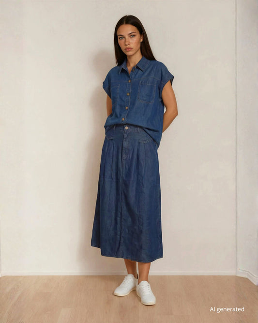 Gonna lunga in chambray con zip e passanti