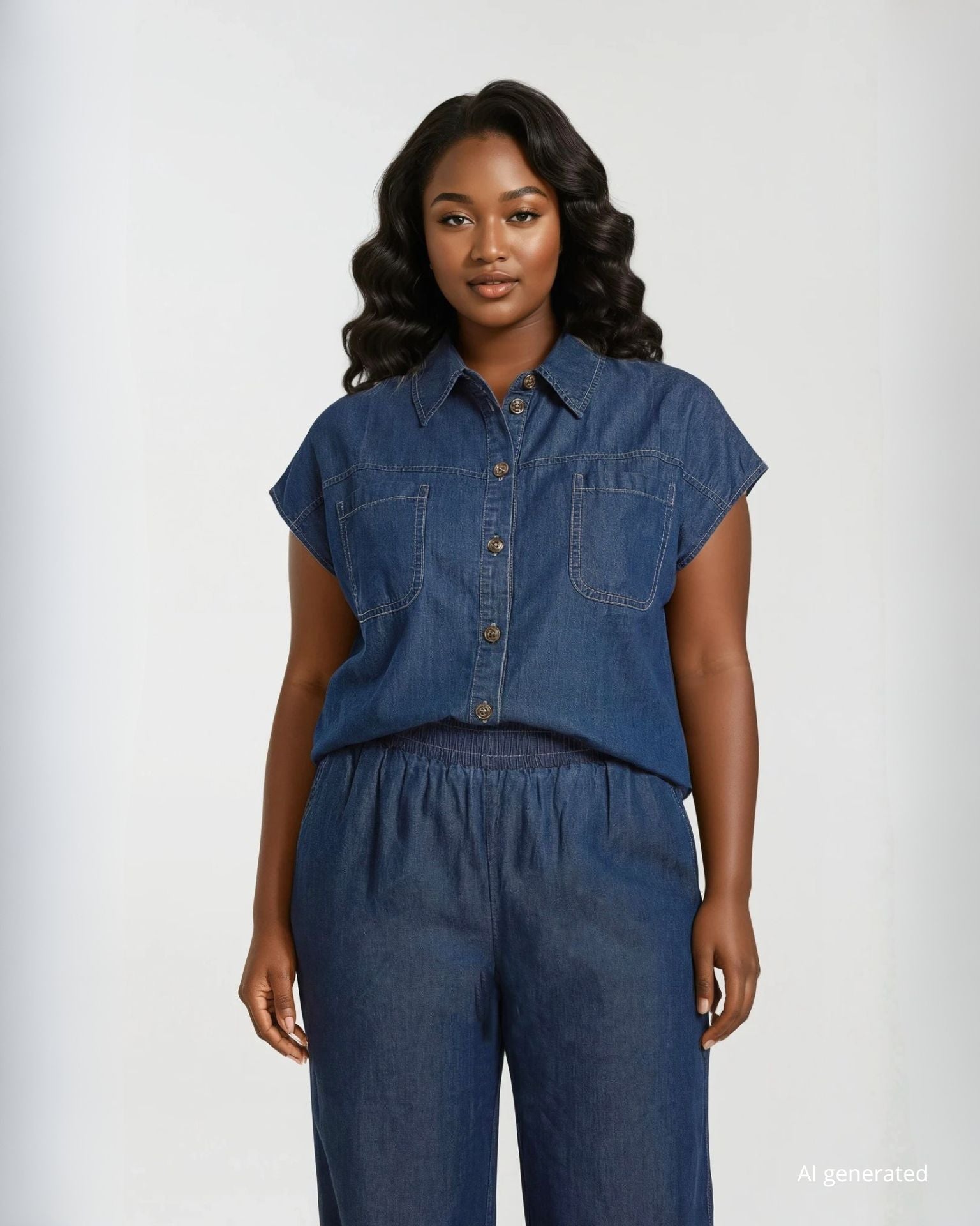 Casacca a kimono in chambray con tasche e colletto curvy