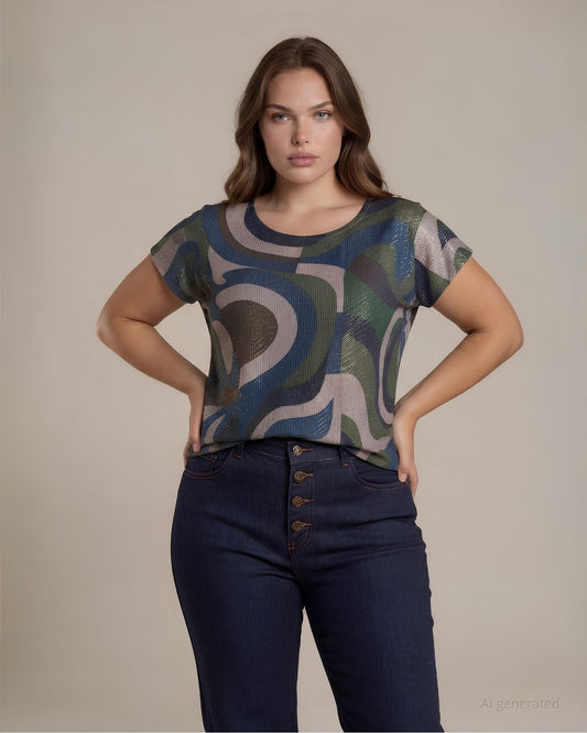 Top fantasia in tessuto lurex laminato con schiena in jersey curvy