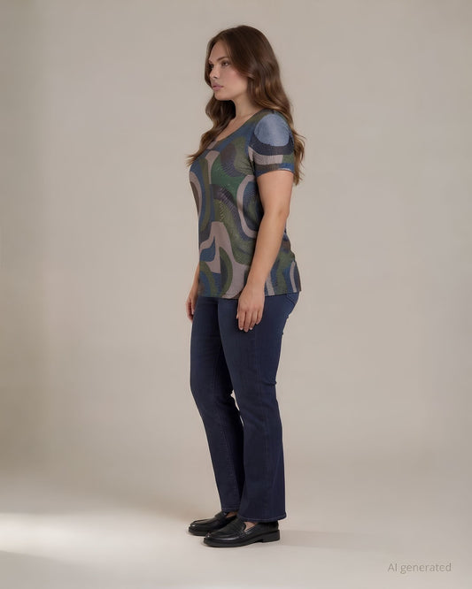 Top fantasia in tessuto lurex laminato con schiena in jersey curvy