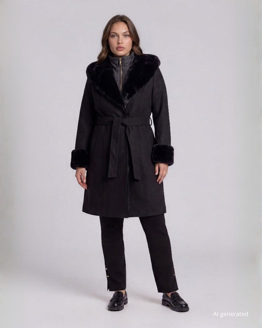 Cappotto con gilet interno staccabile cappuccio e dettagli in ecopelliccia curvy