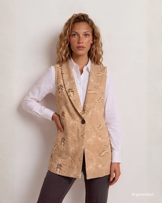 Gilet lungo con collo a scialle e spacchi laterali in tessuto melange e bottone in ecopelle