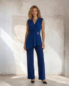 Pantalone in jersey largo a palazzo con elastico e dettaglio in vita blu