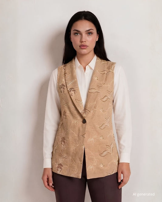 Gilet lungo con collo a scialle e spacchi laterali in tessuto melange e bottone in ecopelle curvy