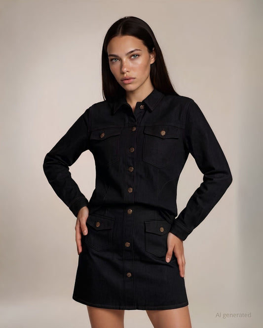 Giacca camicia in jeans scuro con tasche e bottoni gioiello