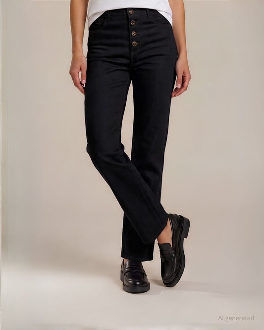 Jeans scuro largo con tasche e bottoni gioiello frontali