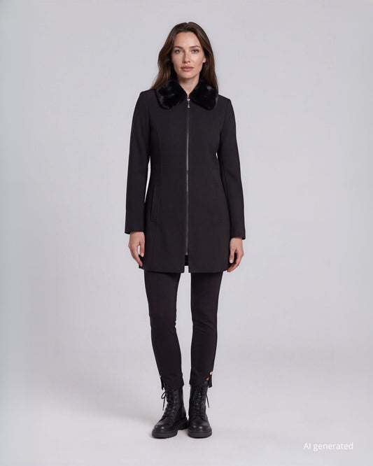 Cappotto in triplo crepe foderato con tasche e collo in ecopelliccia