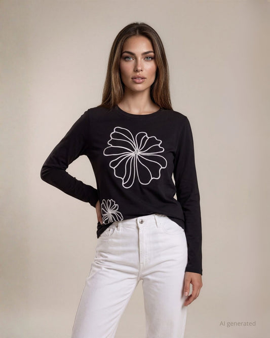 T-shirt in cotone con fiore cornely con diamantino centrale