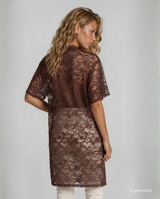 Caban lungo cioccolato in pizzo elasticizzato con maniche ad ala