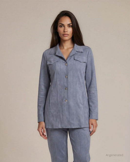 Giacca camicia lunga in scuba suede denim con pattine e bottoni