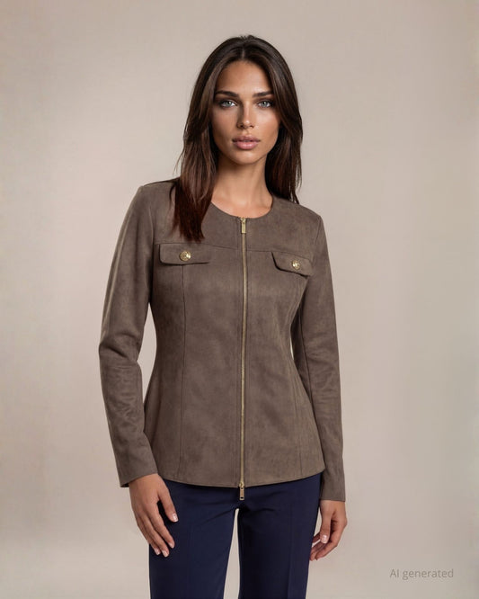 Giacca in ecosuede con zip e accessori oro sulle pattine frontali caffè