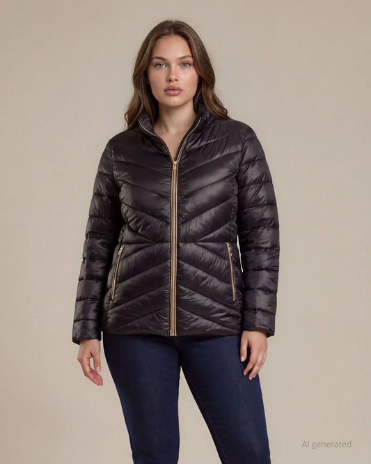 Piumino 100grammi con passamaneria dorata su tasche e zip curvy