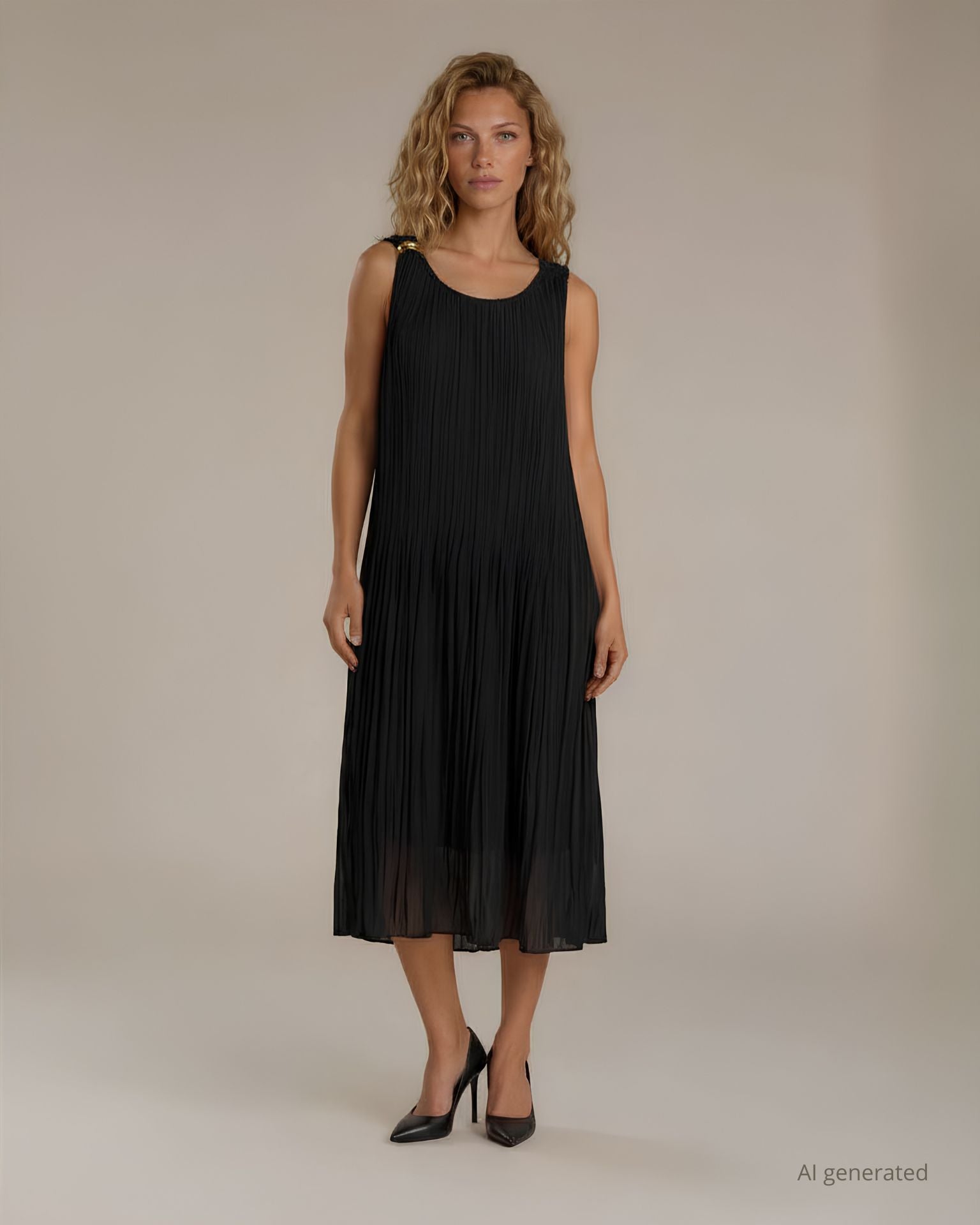 Vestito lungo in georgette plisse’ foderata con dettaglio di nodo oro su una spalla nero