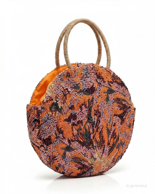 Borsa paillettes tonda in paglia con manici e laccetto come chiusura arancione (più tracolla)