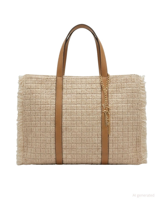 Borsa grande lavorazione a quadretti effetto crochet con frange laterali beige (più tracolla)