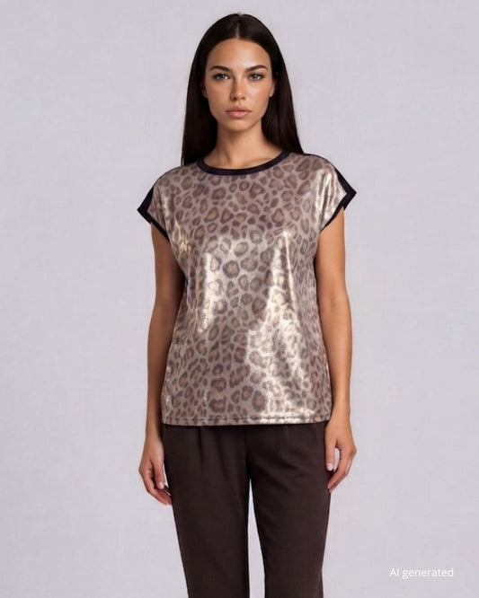 Top in scubacrepe moro con fronte laminato in fantasia maculata
