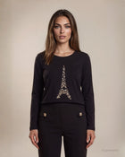 T-shirt nera in cotone con disegno frontale di perle e strass