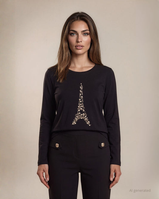 T-shirt nera in cotone con disegno frontale di perle e strass