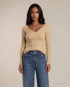 Maglia basica raglan aderente con coste sullo scollo a V avorio