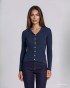 Cardigan a coste con colletto e bottoni blu
