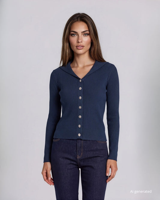 Cardigan a coste con colletto e bottoni blu