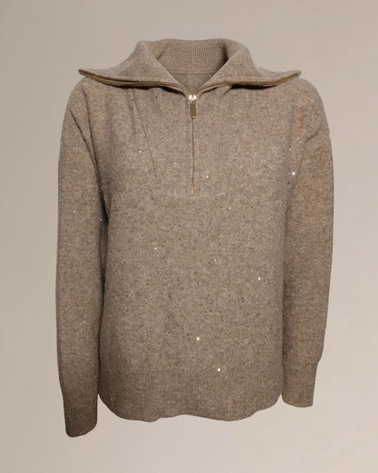 Maglia spalla scesa in filato con zip sul colletto