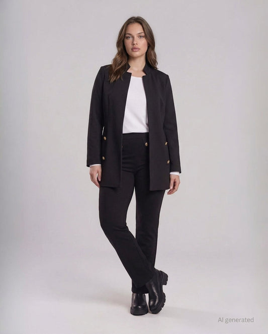 Giacca lunga in scubacrepe con collo a fascetta e pattine con bottoni curvy