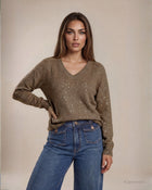 Pullover in filato paillettes con scollo a V oro