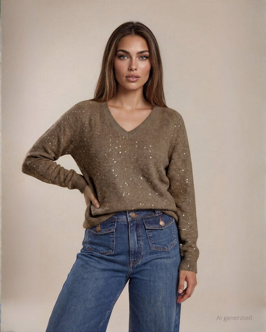 Pullover in filato paillettes con scollo a V oro